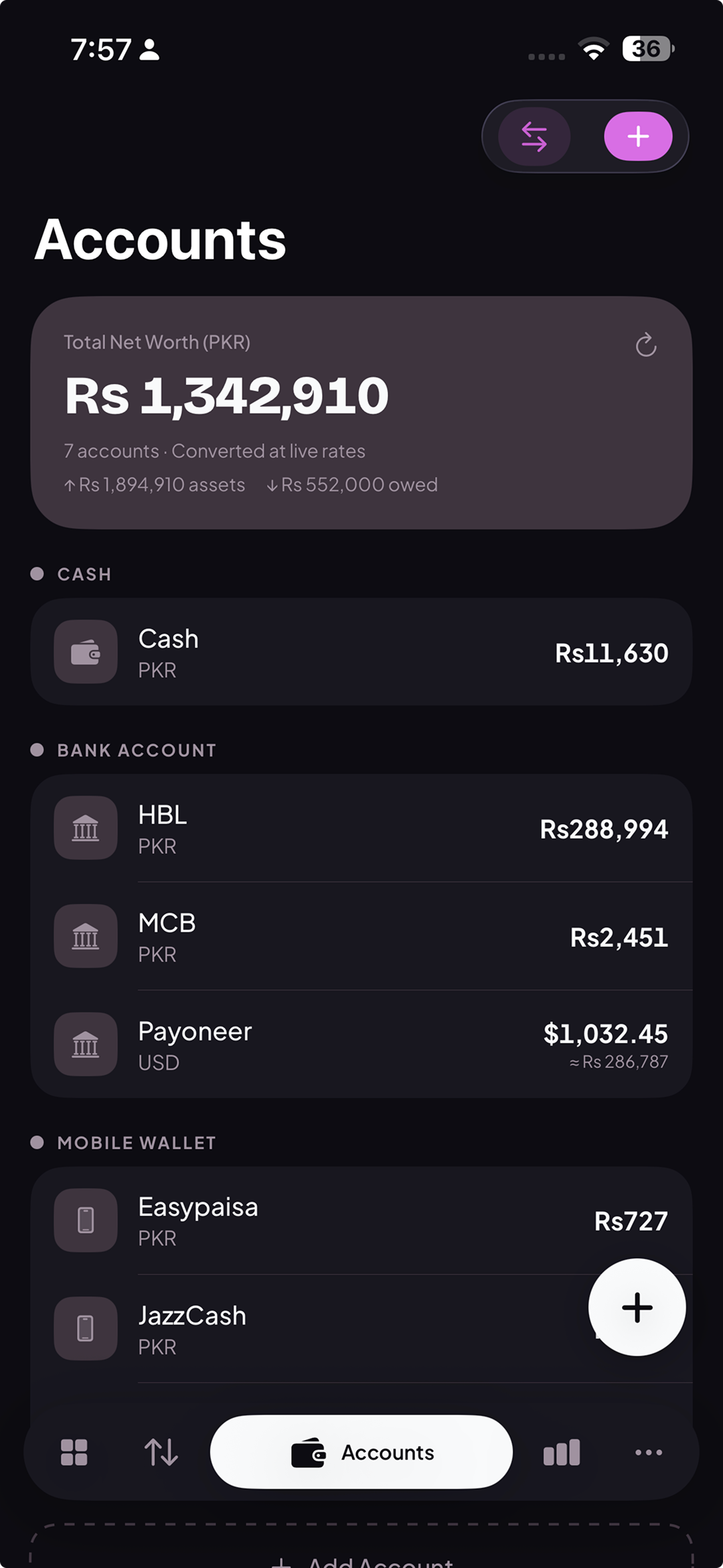 Expenso accounts screen showing cash, bank accounts, mobile wallets and total net worth