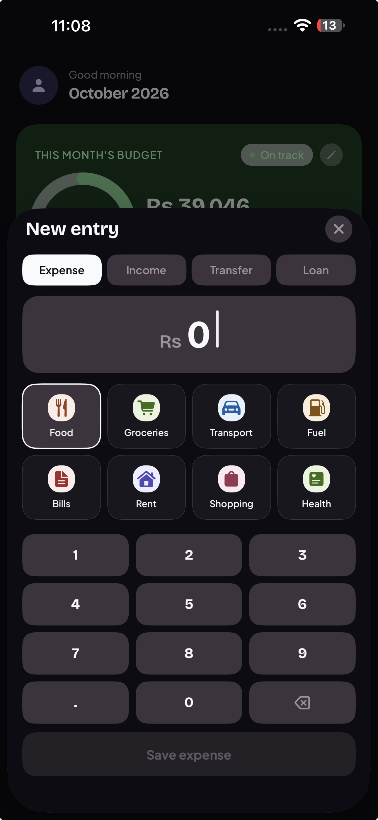 Expenso quick entry with category selector and number pad