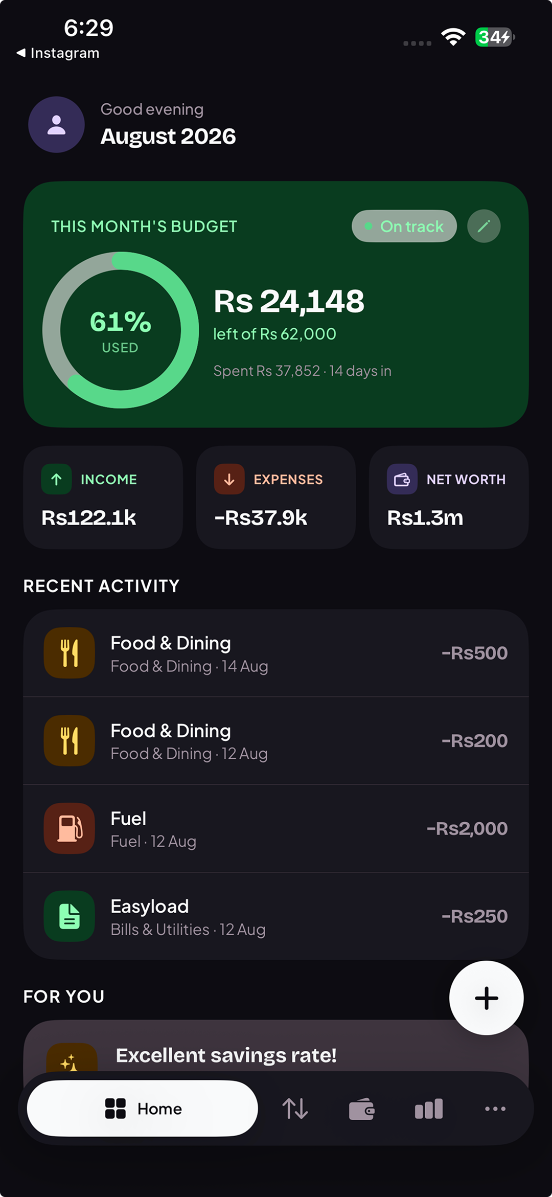 Expenso home screen with monthly budget, income, expenses and recent activity